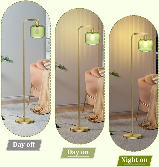 Glass Floor Lamp for Living Room, Modern Standing Lamp with Green Ribbed Glass Lampshade and Pedal Switch, 66” Tall Lamp & Gold Floor Lamp for Bedroom Study Room,Brushed Gold(3000K LED Bulb Included)