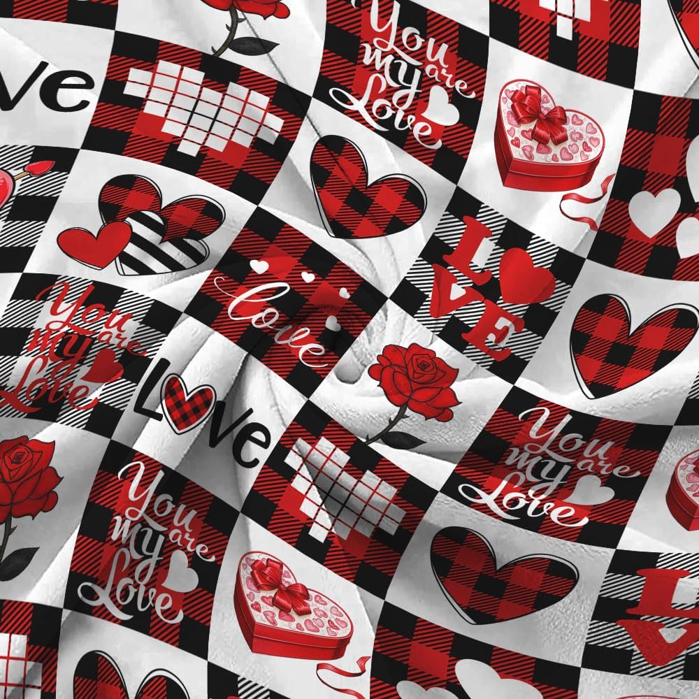 Valentines Day Fleece Throw Blanket, Red Checkered Love Heart Super Soft Fuzzy Cozy Warm Blanket, Romantic Valentine Gift for Her Wife Girlfriend Couple, 50"x60" Decorative Blanket for Couch Bed