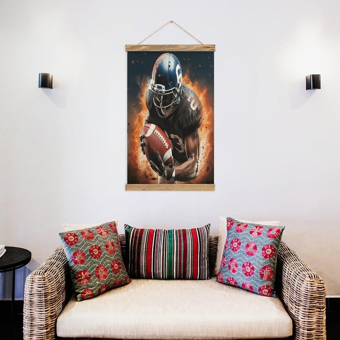 Vintage Cool American Football Poster with Wooden Frame Personalized Linen Hanging Scroll Painting Rustic Wall Hanging Illustrative Modern Artwork Decor for Home Living Room Bedroom Office