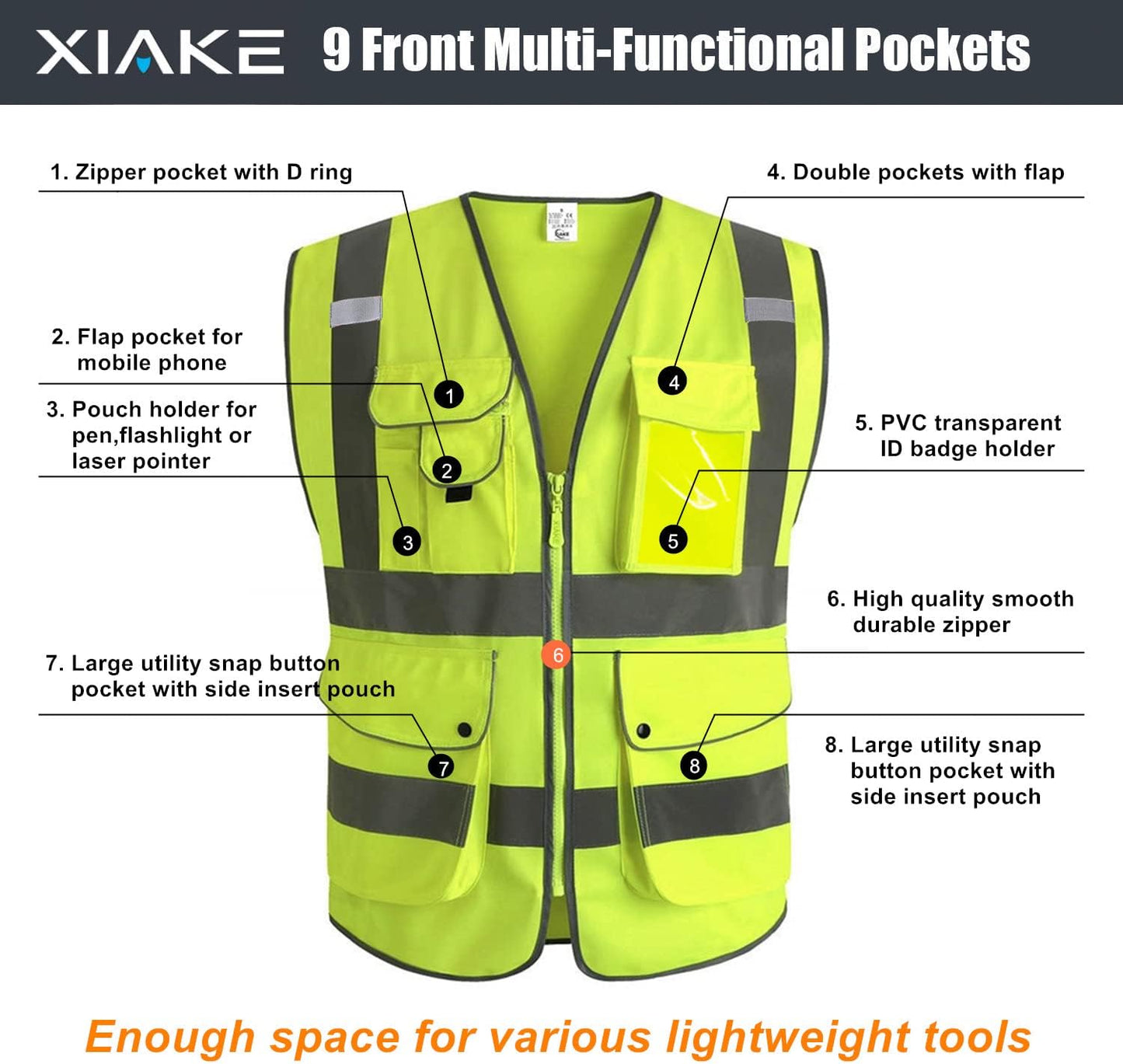 XIAKE 9 Pockets Class 2 High Visibility Reflective Safety Vest for Men Women,Meets ANSI/ISEA Standard