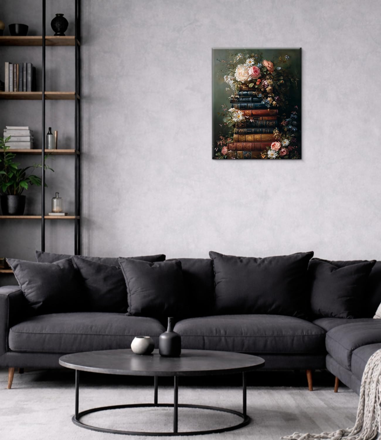 Gothic Floral Books Wall Art Print - Vintage Book Flowers Canvas Poster Painting - Dark Academia Wall Decor for Home Reading Nook Library 8x10 Inch Framed
