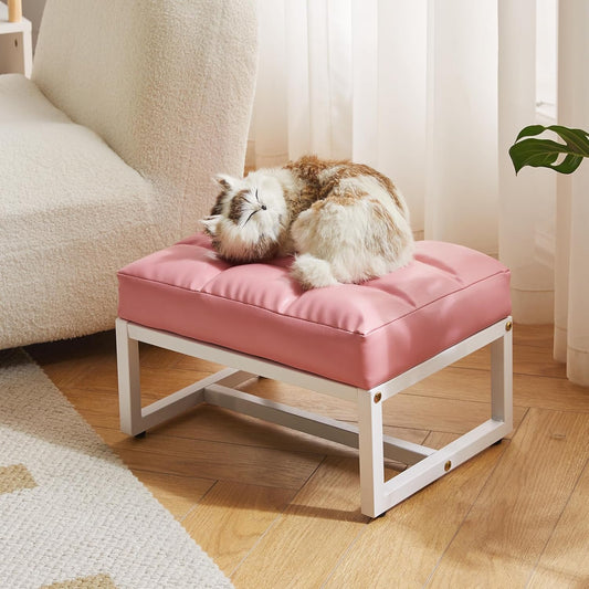Small Footstool, Rectangle Ottoman with Faux Leather Padded Seat, Change Shoes Bench, Sofa Footrest Extra Seating for Living Room Entryway Office, Pink YD-JD139P