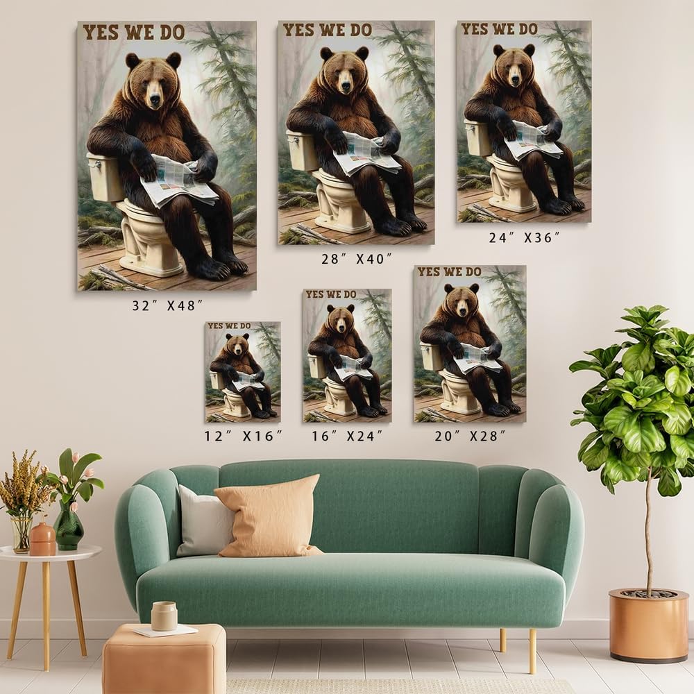 GUBIYU Funny Bathroom Bear Wall Art a Fun Bear Reading in Toliet in the Woods and it Seems Yes We Do Quirky Posters Canvas Painting Picture Humor Animal Wall Decor for Restroom Toliet Bathroom 12"x16"