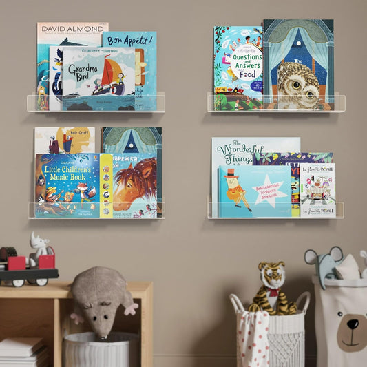NIUBEE 16.5-Inch Acrylic Floating Bookshelves, 4-Pack, Clear Modern Wall Shelves for Child/Toddler, Invisible Ledge Book Shelves for Multi-Layer or Multi-Room Storage in Kids’ Rooms and Family Spaces