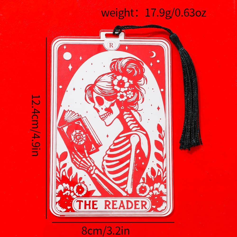 1Pc Translucent Gothic Skull Bookmarks for Women Readers - “Reader” Themed Acrylic Bookmark with Tassel for Nurses, Retirees, Men Gifts, Book Page Accessories, Reading Markers (Women Reader)