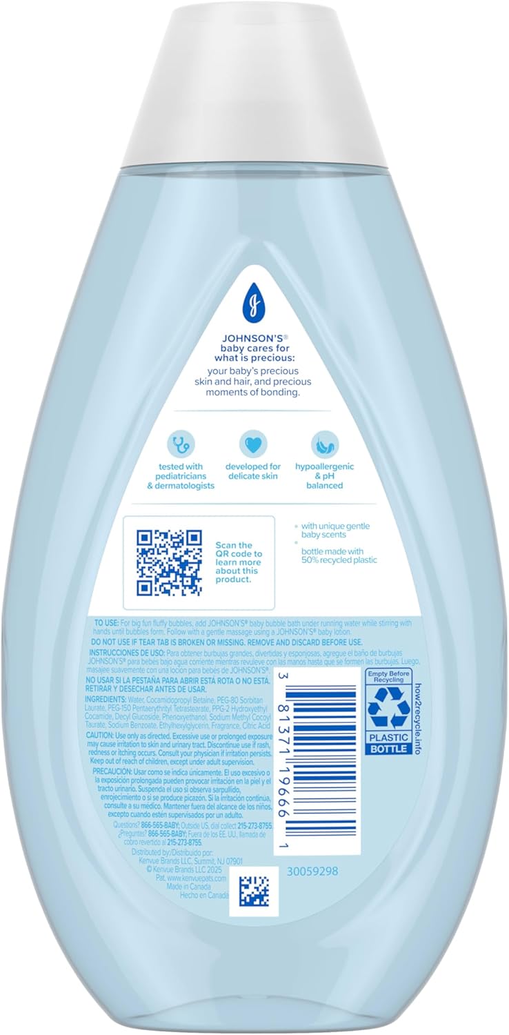 Johnson's Baby Fluffy Bubbles Bubble Bath, No More Tears, Gently Cleanses Delicate Skin Without Feeling Dry, Hypoallergenic, No Added Parabens, Sulfates & Dyes, Baby Essentials, 13.6 fl. oz
