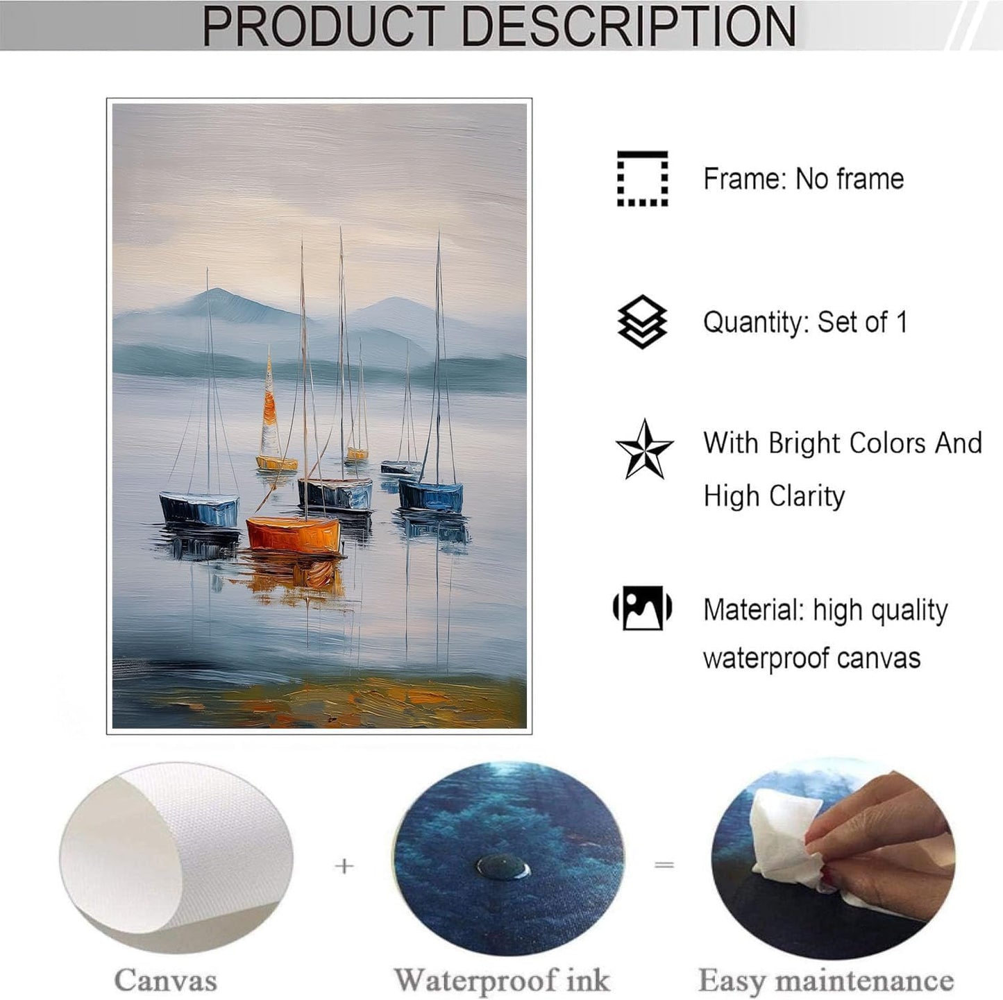 GDJSMIN Minimalist Oil Painting Style Wall Art, Ocean Blue Sailboat Texture Poster For Reading Room Living Room Decor 12X 16 Inch Unframed
