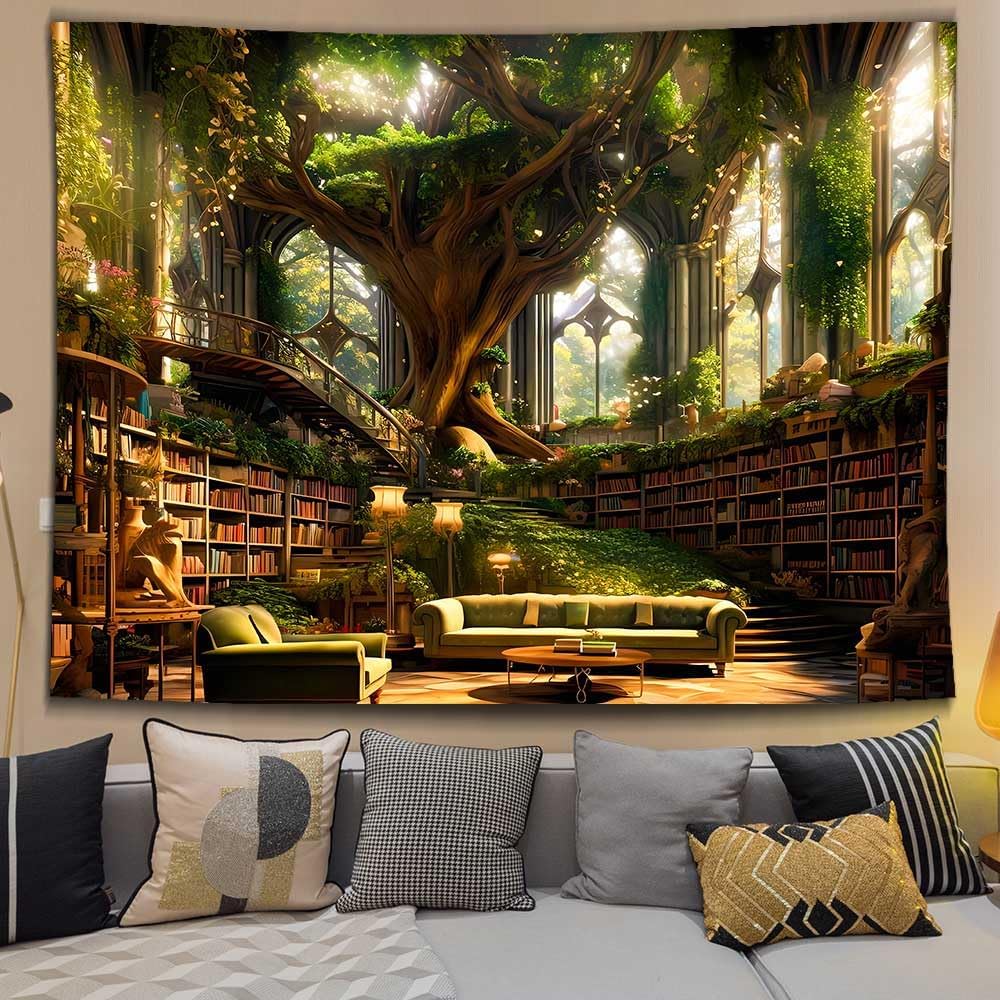 Ine Ive Fantasy Library Tapestry Magic Tree Bookshelf Medieval Palace Tapestries Wall Hanging 80x60inch Fairytale Tree Books Reading Poster Aesthetic for Bedroom Dorm Home Decorations