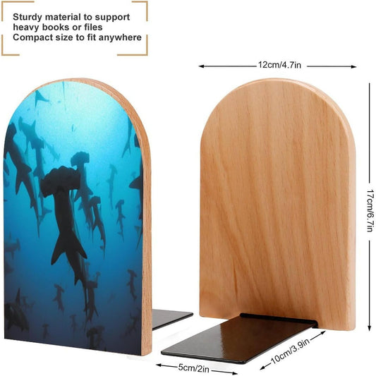 Hammerhead Sharks Wooden Bookend Non-Slip Book Ends Heavy Duty Book Stopper with Metal Base Books Holderd Decorative Bookends Stands Firmly for Office Supplies