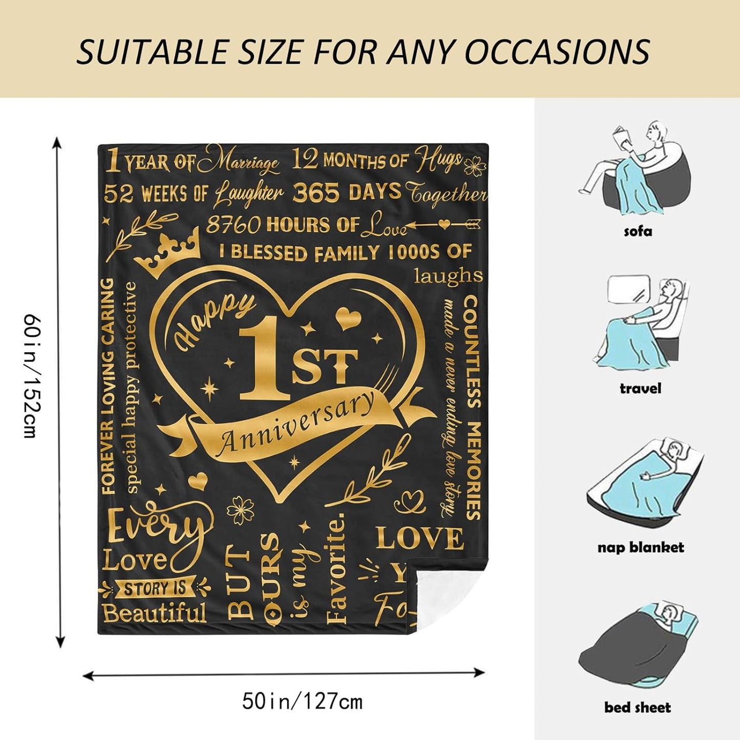 Amonee-YL 1 Year Wedding Anniversary Blanket 50"X60", 1 Year Anniversary Romantic Gifts for Him/Her, 1st Anniversary Wedding Gifts for Husband/Wife, Wedding Gifts for Couples One Year Anniversary