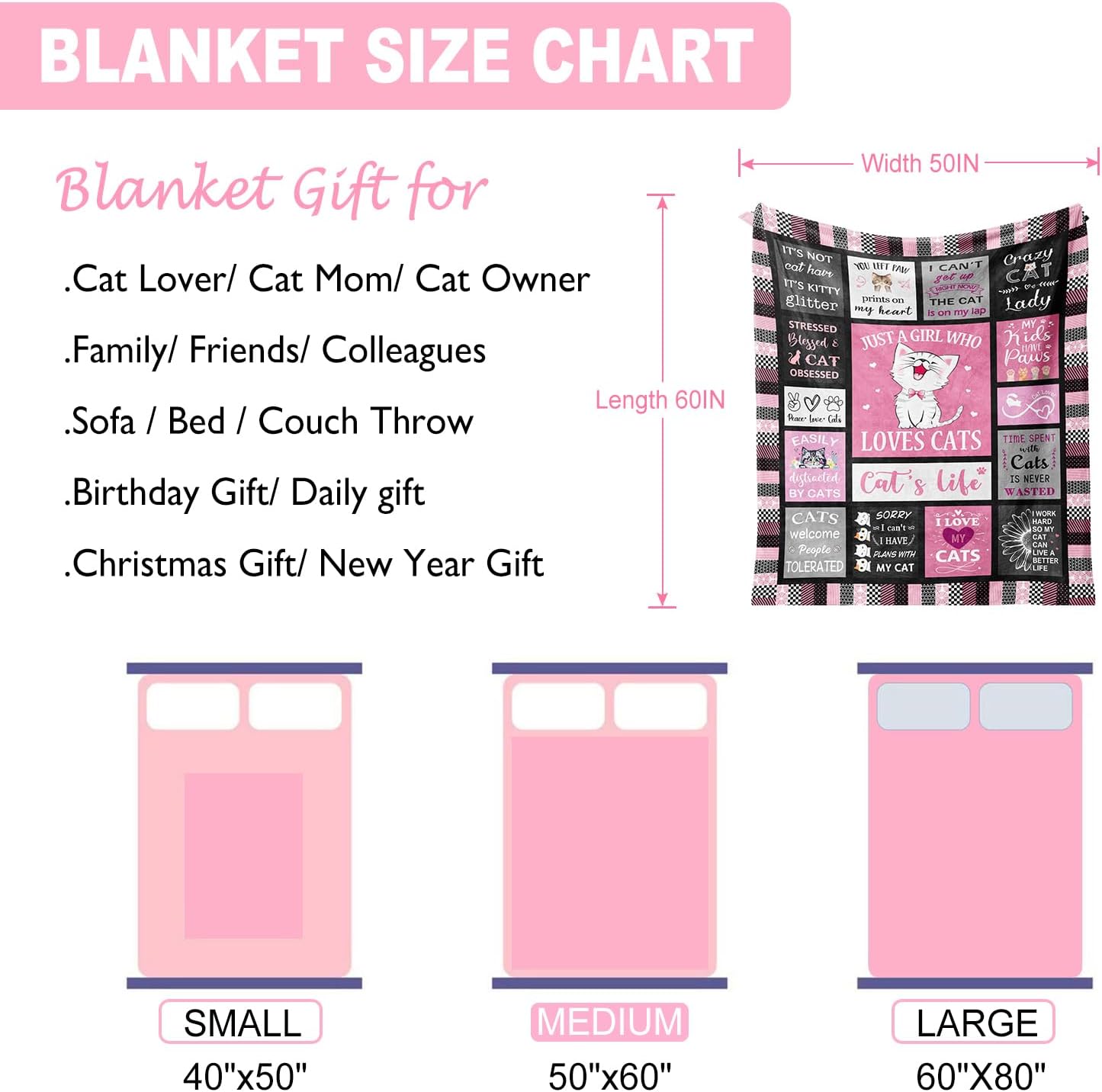 Cat Blanket Gifts 50"x60", Cat Gifts for Women, Cat Lover/Mom/Lady Gifts