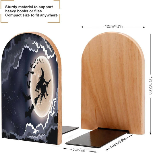Halloween Flying Witch Wooden Bookend Non-Slip Book Ends Heavy Duty Book Stopper with Metal Base Books Holderd Decorative Bookends Stands Firmly for Office Supplies