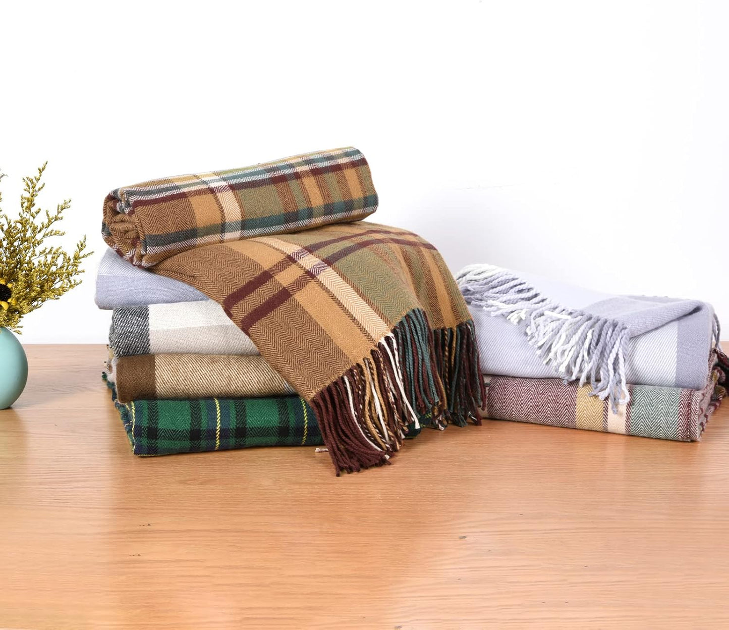 David's Home Buffalo Plaid Throw Blanket- Soft and Lightweight Tartan Herringbone Fringe Blanket for Couch Sofa-Outdoor Lap Throw with Decorative Tassels,50x60 Inches-Pumpking Orange