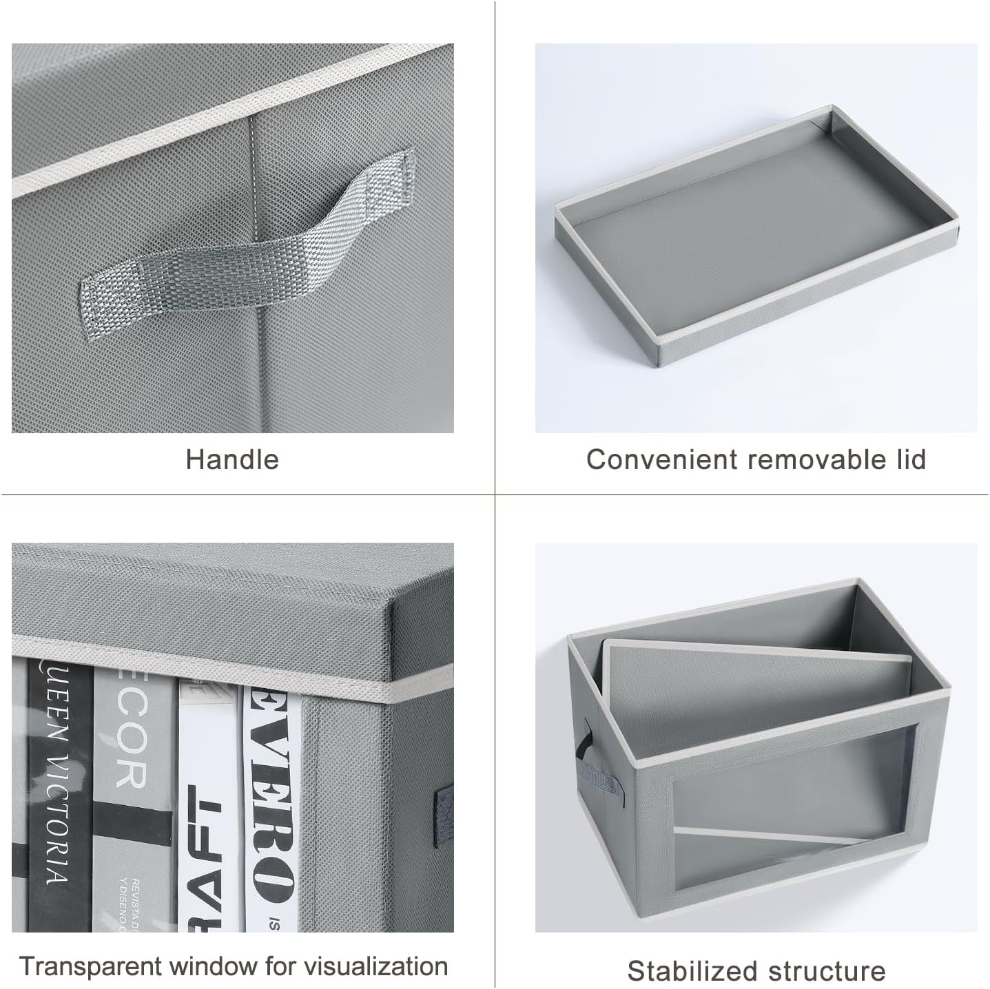 Large Storage Baskets Bins with Lids - Stackable Cube Bins for Closet, 3 Pack Grey Windows Organizer Bins, Home Organizers and Storage for Clothes, CD, Towels