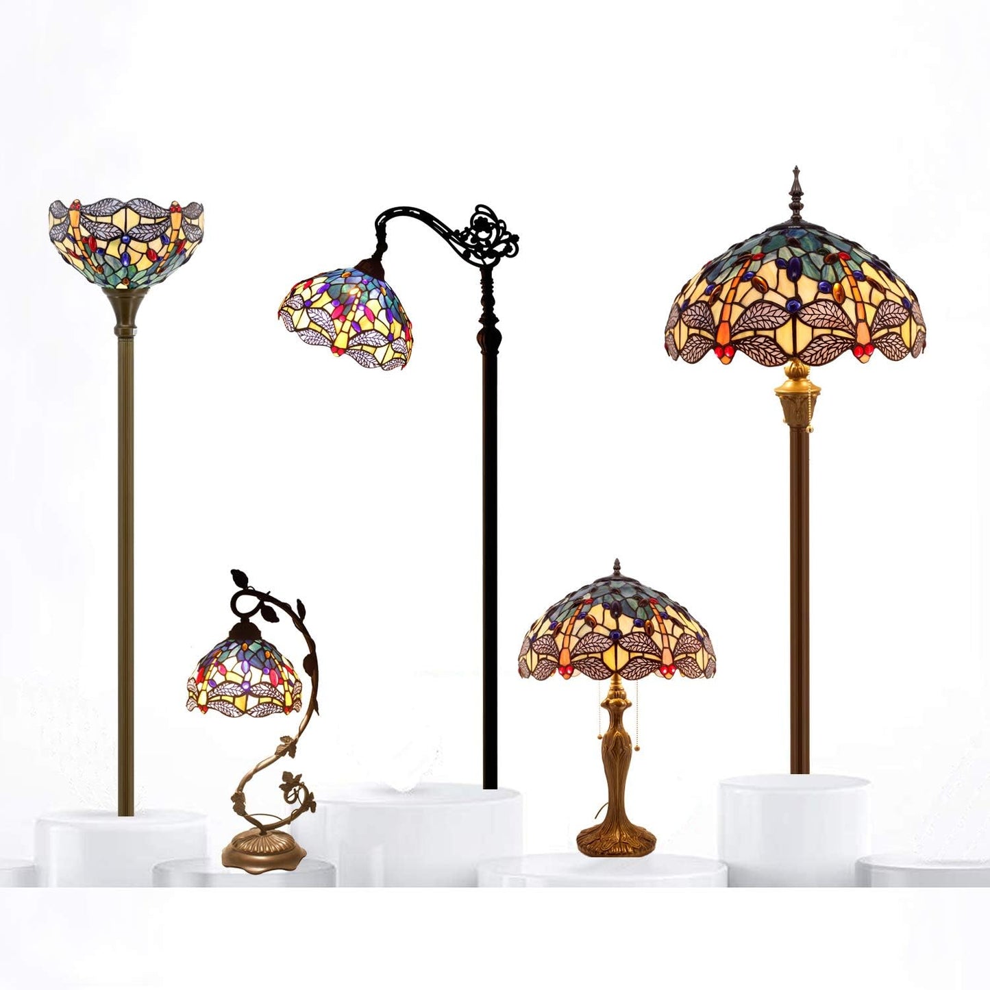 WERFACTORY Tiffany Floor Lamp Blue Yellow Stained Glass Dragonfly Standing Reading Light 16X16X64 Inches Antique Pole Corner Lamp Decor Bedroom Living Room Home Office S128 Series