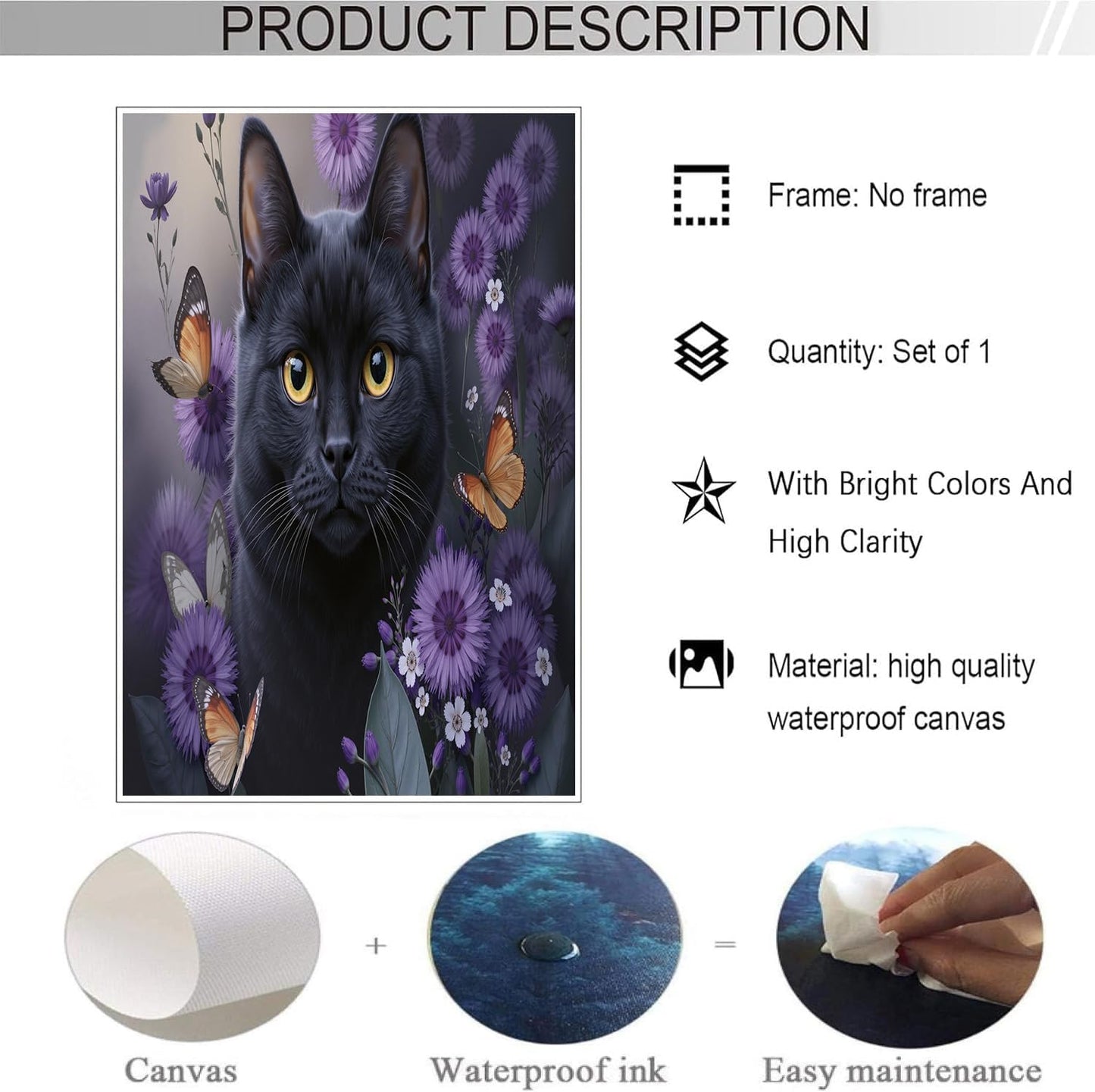 GDJSMIN Watercolor Style Wall Art, Animal Black Cat Purple Flowers Design Poster for Reading Room Living Room Decor 24 x 36 inch Unframed