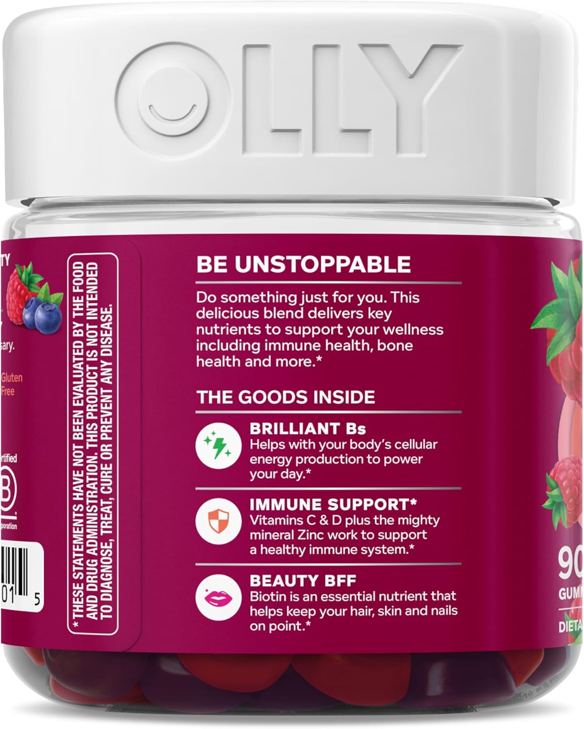 OLLY Women's Multivitamin Gummy, Vitamins A, D, C, E, Biotin, Folic Acid, Adult Chewable Vitamin, Berry Flavor, 45 Day Supply - 90 Count