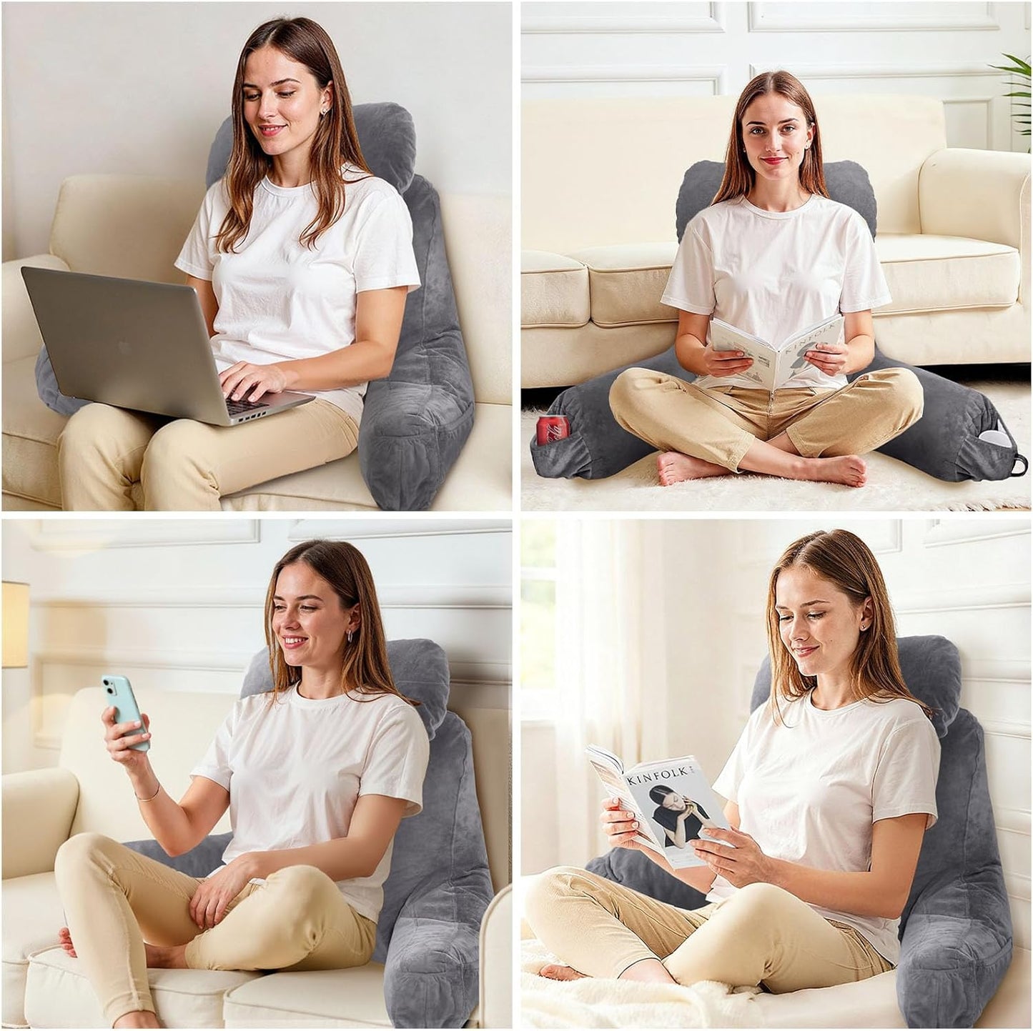 Reading Pillow for Sitting in Bed Adult, Bed Pillow with Shredded Memory Foam, 25''H Pillow with Detachable Neck Roll, Washable Cover, Back Pillow Sitting Up with Extend Arms, Gery