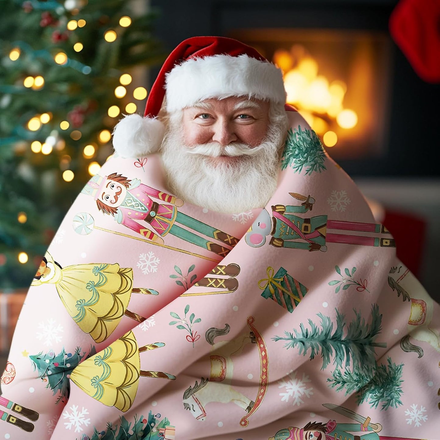 Pink Christmas Nutcracker Flannel Throw Blanket, Cute Xmas Tree Wooden Horses Balls Birthday Gifts for Kids Men Women, Winter Holiday Snowflake Soft Blankets for Bedding Sofa 50 x 60 Inches