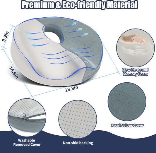 SAHEYER Donut Pillow for Tailbone Pain Relief and Hemorrhoids, Memory Foam Donut Cushion for Sciatica Nerve, Seat Cushion Butt Pillow for Men Women at Home Office Chair Car Long Sitting Comfort, Gray