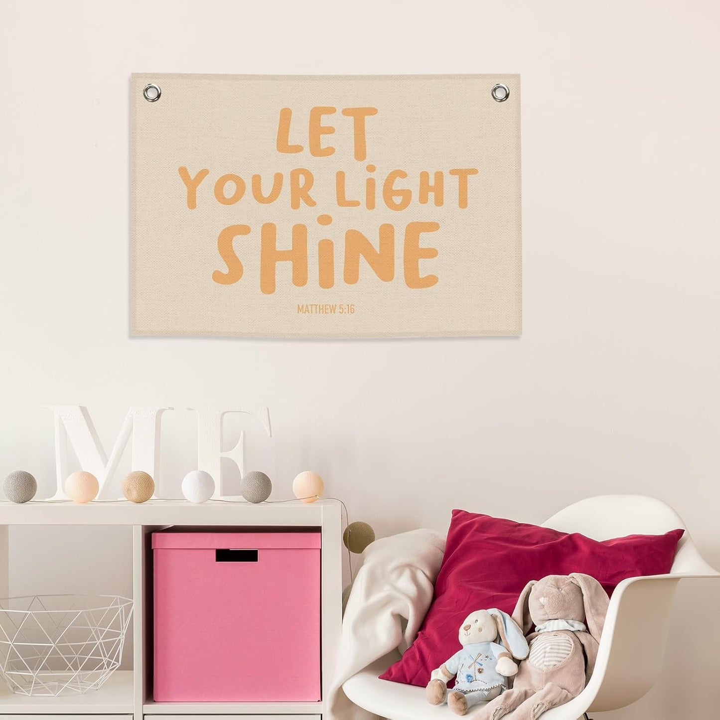 Christian Inspirational Kids Banner Canvas, Bible Verse Let Your Light Shine Toddler Room Decor, Positive Hanging Flag Sign, Nursery Wall Tapestry Art for Playroom Bedroom Classroom 20x30in