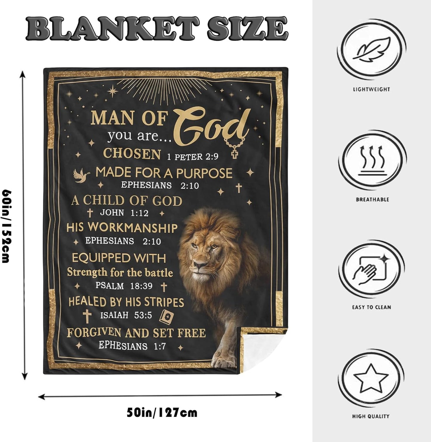 Christian Gifts for Men, Christian Blanket 60"X50", Catholic Gifts, Religious Gifts for Men, Man of God Gift, Baptism Gift, Bible Inspirational Spiritual Gifts for Dad Son Husband