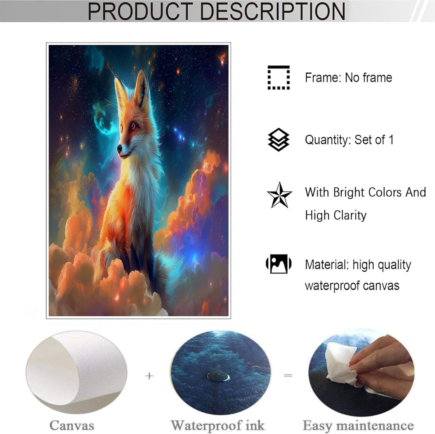 GDJSMIN Fantasy Art Style Wall Art, Nebula Fox Pattern Poster for Reading Room Living Room Decor 16x 24 inch Unframed