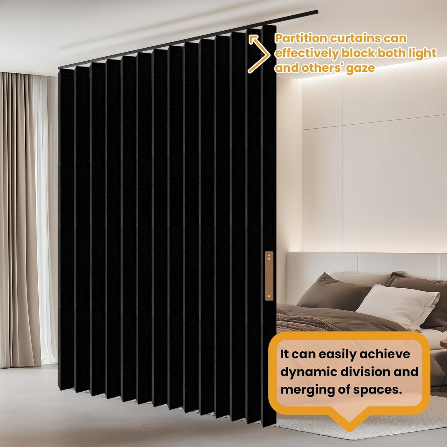 Accordion-Style Room Divider with Ceiling Track - Foldable Partition Curtain, Easy Installation(Black 100" W x 84" L-Pack of 1)