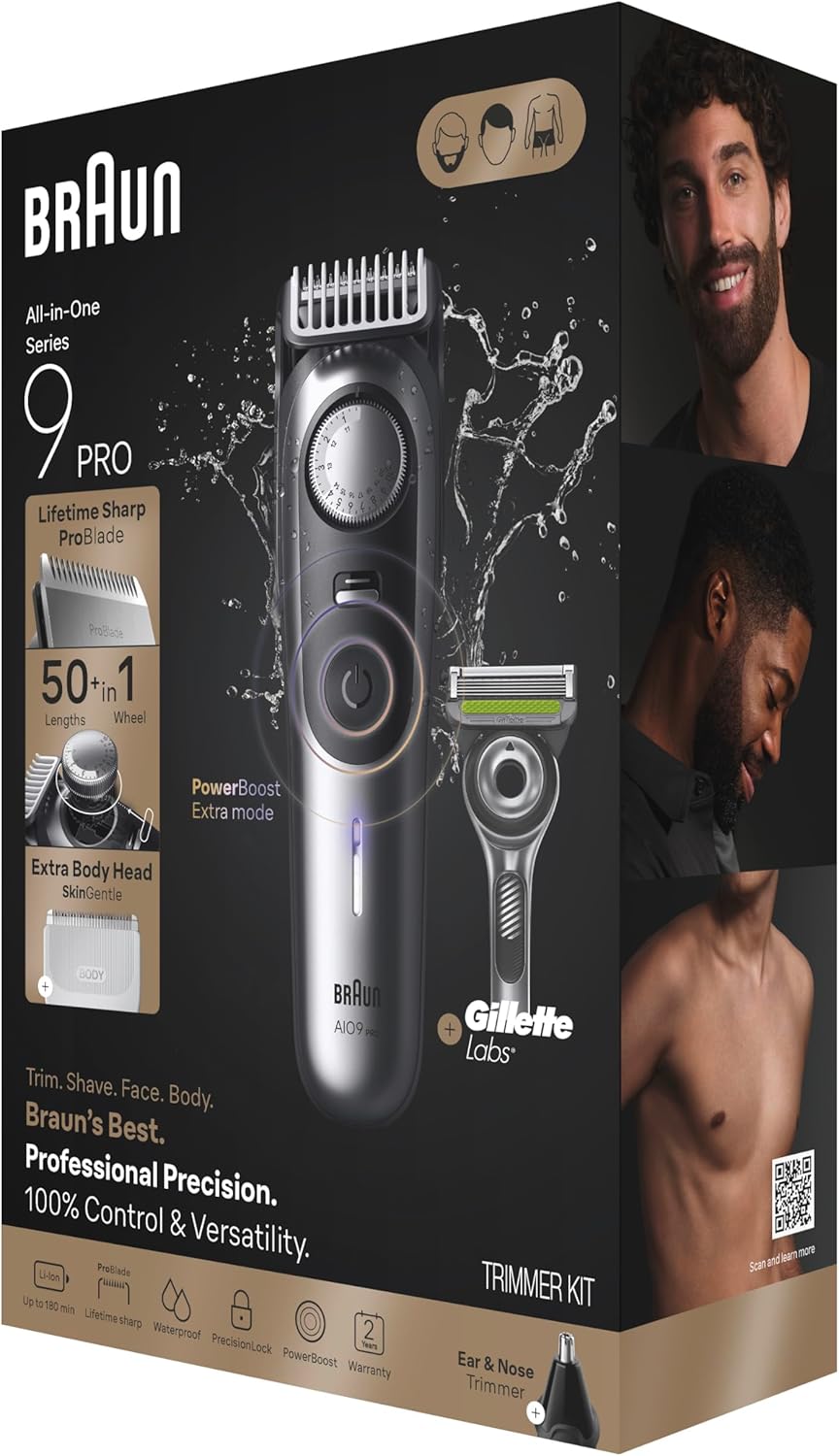 Braun Series 9 PRO All-in-One Beard & Body Grooming Kit for Men, Cordless Trimmer, Hair Clippers & Shaver for Face, Hair & Body with Gillette Labs Razor, AIO 9550