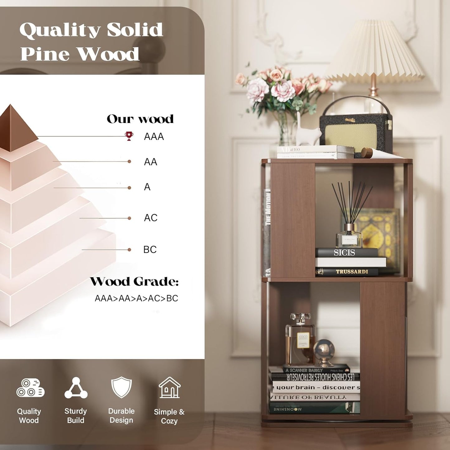 Easyego 2 Tier Solid Wood Rotating Bookshelf, 360° Upgrade Spinning Book Shelf, Revolving Bookcase Organizer, Swivel Bookshelves for Small Spaces, Corner, Bedroom, Kids Room, Office (Walnut)