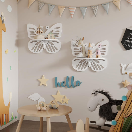 White Butterfly Shelves 2 Tier - Nursery Wall Deor Floating Shelf, Cute Wall Display Rack for Kid’s Room, Small Decorative Shelf Wall Mounted, Hanging Wall Shelf for Toys, Plants Storage.