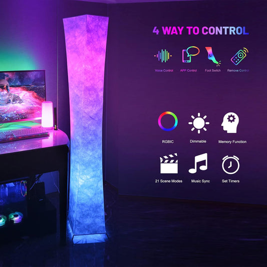 LEONC 61" Soft Light Floor Lamp for Game Room and TV, RGB Color Changing LED, Tyvek Fabric Shade, Smart App Control, Compatible with Alexa & Google Home, Music Sync and Multi Scene Modes,Floor Lamp