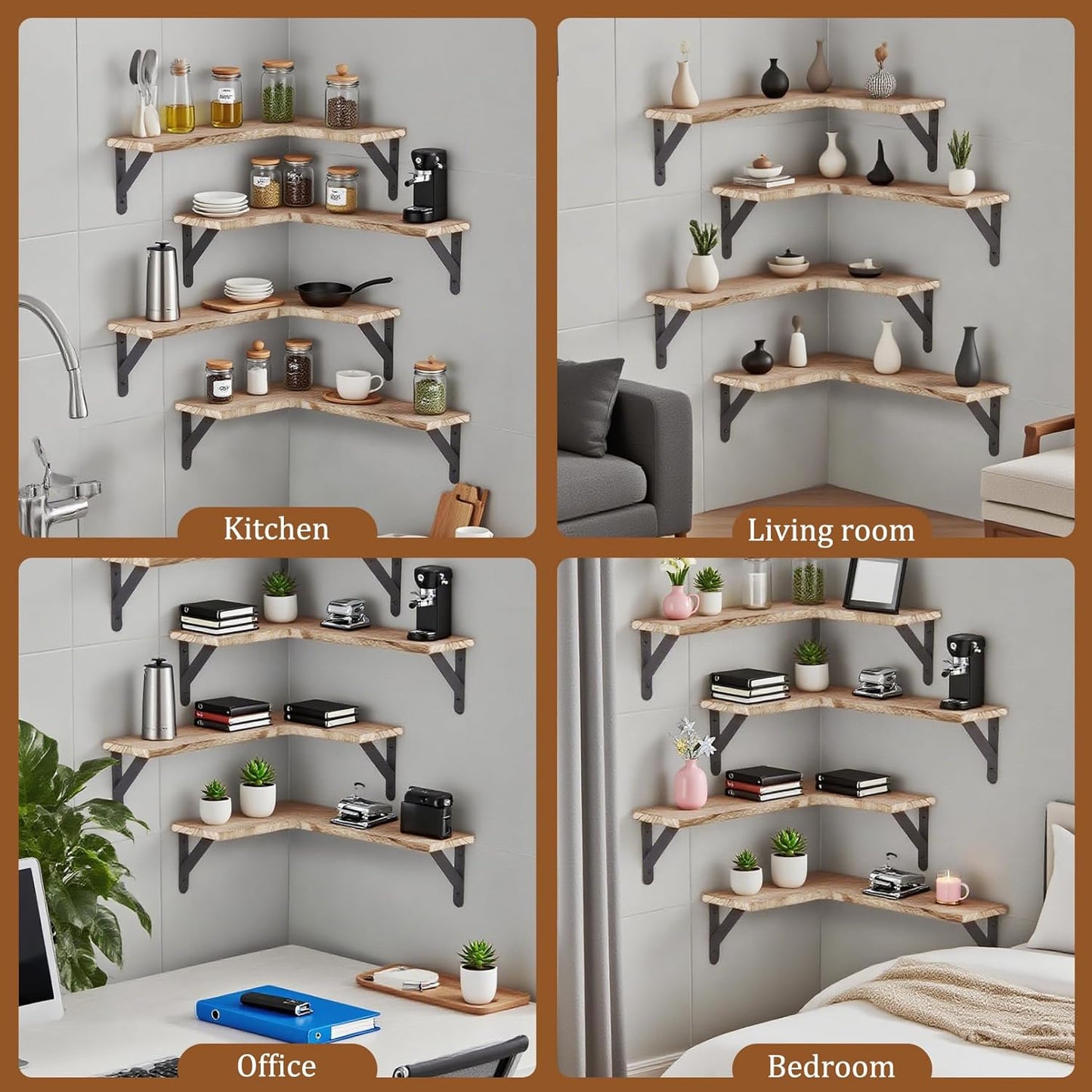Corner Floating Shelves Set of 5, Wall Mounted Wood Shelves for Home Decor, Rustic Wood Wall Storage Corner Shelf for Kitchen Bedroom Bathroom Living Room Office, Light Brown