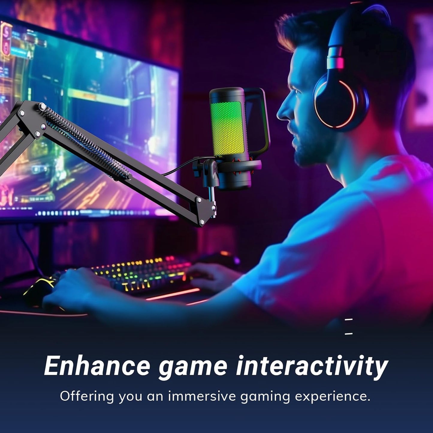 TONOR Gaming Microphone Set with Boom Arm, Vocal Condenser Microphone for PC with Stand, USB Mic with controllable RGB Light, One Tap Mute, Volume Control, for Discord, Twitch Streaming, TC310+