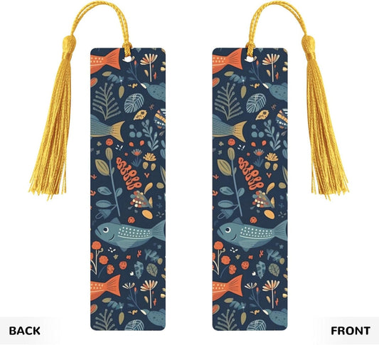 Small Fish and Plants Bookmarks Gifts for Women Men, Wooden Bookmarks for Book Lovers, Vintage Book Marks Ornaments with Tassel, Unique Personalized Reading Page Markers Gold