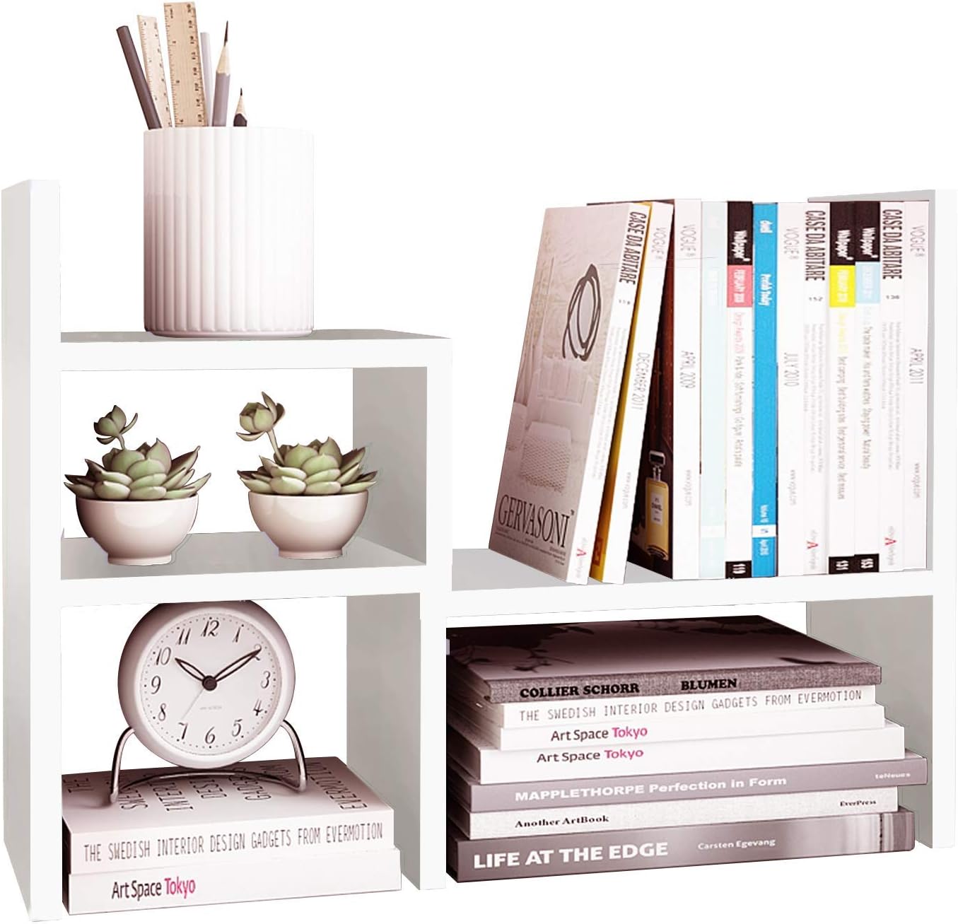 Jerry & Maggie - Desktop Organizer Office Storage Rack Adjustable Wood Display Shelf | Birthday Gifts - Toy - Home Decor | - Free Style Rotation Display - True Natural Stand Shelf (White)