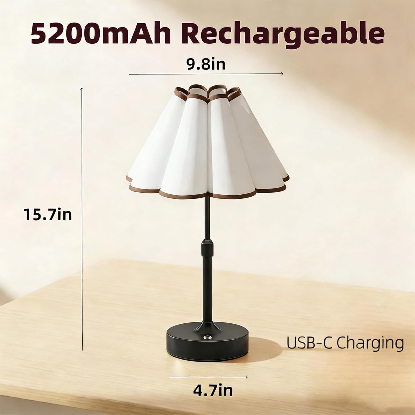 Flower Table Lamp, Cordless & Rechargeable with 5200mAh Battery, 3-Color Temperature Touch Control for Reading, Vintage Style Bedside Lamp, 14Hrs Portable Night Light for Bedroom, Home Decor (Black)