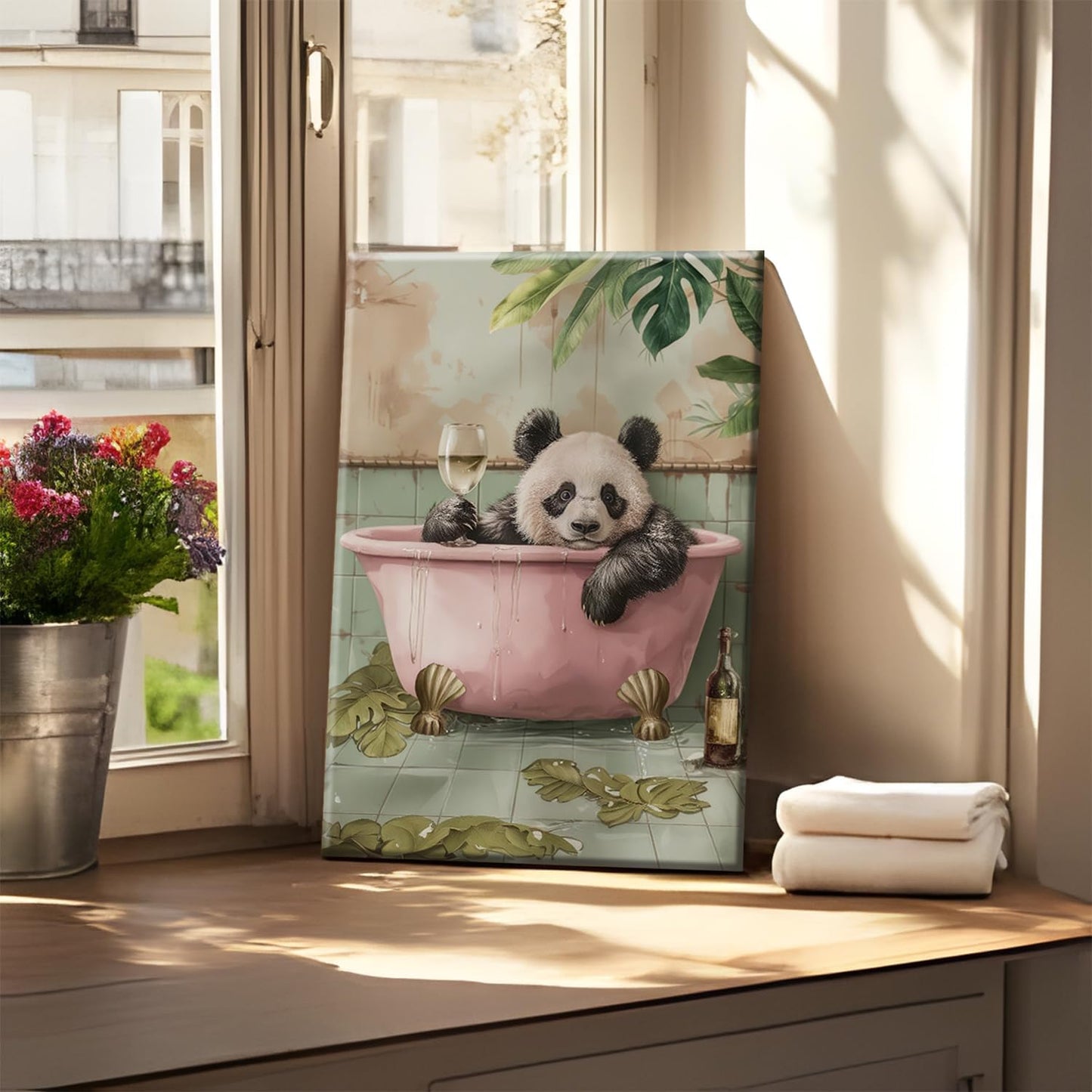Funny Bathroom Wall Art Set of 2, Panda on Toilet and in Bathtub Wall Decor Paintings, Cute Animal Canvas Prints Pictures Aesthetics Home Decor for Bathroom Restroom 16x24 Inch Framed