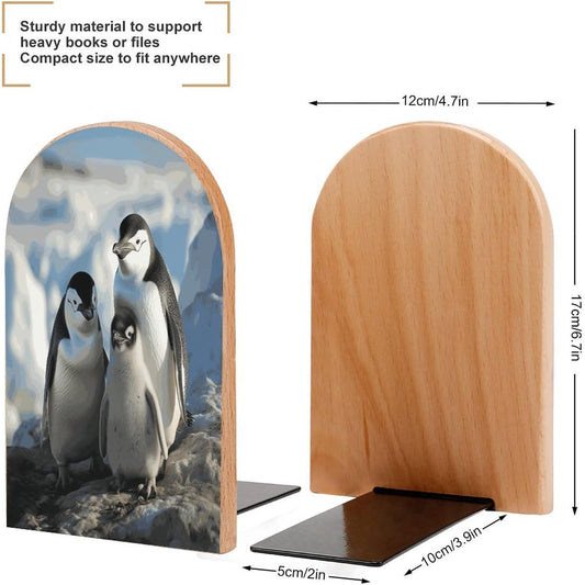 Penguin Parents and Chicks Antarctica Large Bookend for Shelves Wooden Book End Large Size Sturdy Book Holders Stoppers with Metal Base for Bookshelves Slick Decorative Bookends Stands