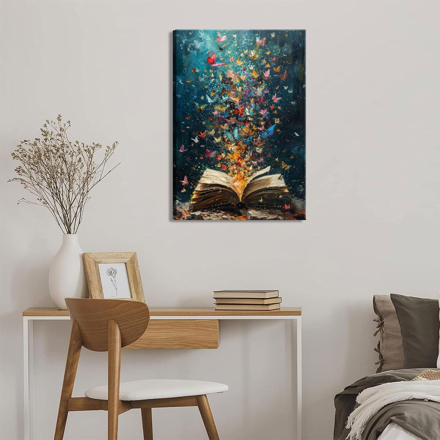 Colorful Butterfly Canvas Wall Art Retro Books Oil Painting Style Wall Decor Picture Butterflies Exploding in Books Poster Print for Library Reading Room Bedroom Modern Reading Concept Home Decoration