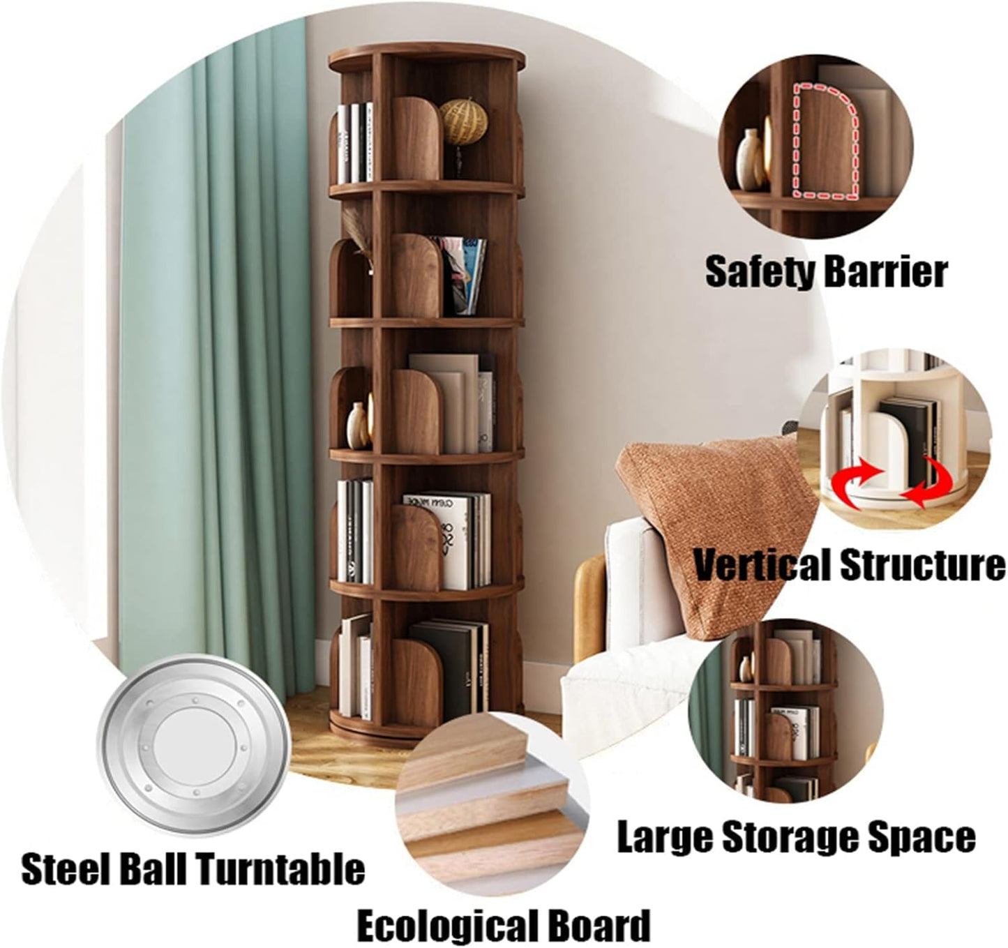 360° Rotating Solid Wood Bookcase for Kids, Corner Floor Rack for Picture Books & Magazines, Stylish Round Standing Shelf for Living Room or Playroom Storage