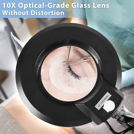 LANCOSC 10X Magnifying Glass with Light and Stand, Floor Lamp with 5-Wheel Rolling Base for Facials Lash Estheticians, 2,200 Lumens Dimmable LED Lighted Magnifier for Reading Sewing Crafts - Black