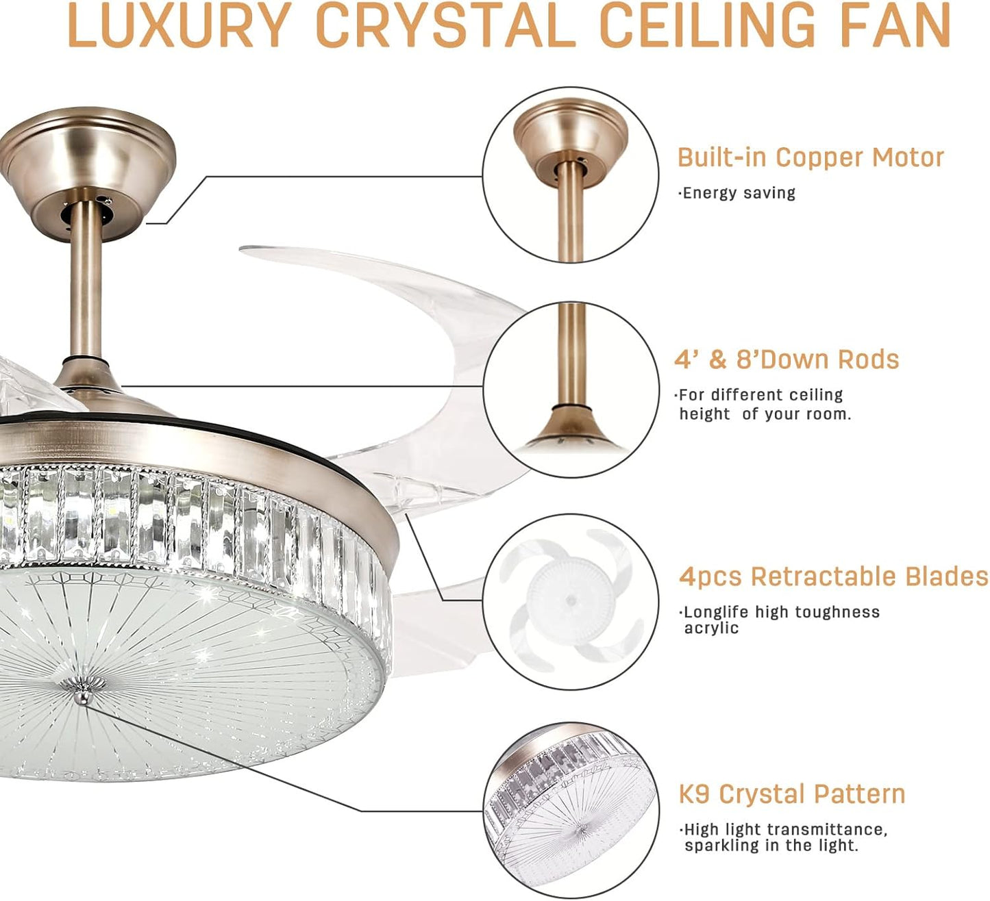 STERREN 42 Inch Crystal Ceiling Fan with Light,Modern Retractable Flush Mount Low Profile Bladeless Chandelier Ceiling Fan with Lights and Remote for Bedroom Living Room Fandelier