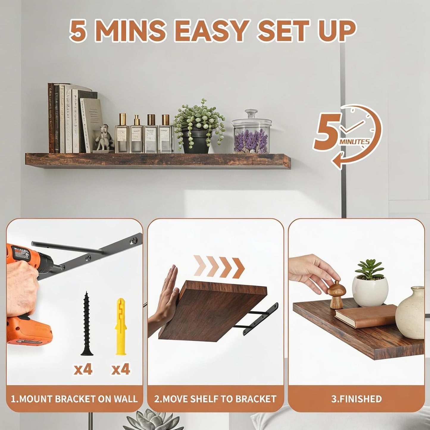 LifetimeWarranty Easy Install Floating Shelves,15.7 Inch Wall Mounted Wooden Floating Shelves, Small Wall Shelf for Storage&Home Decor, Living Room, Kitchen, Office, Corner Shelf for Bathroom,Set of 3