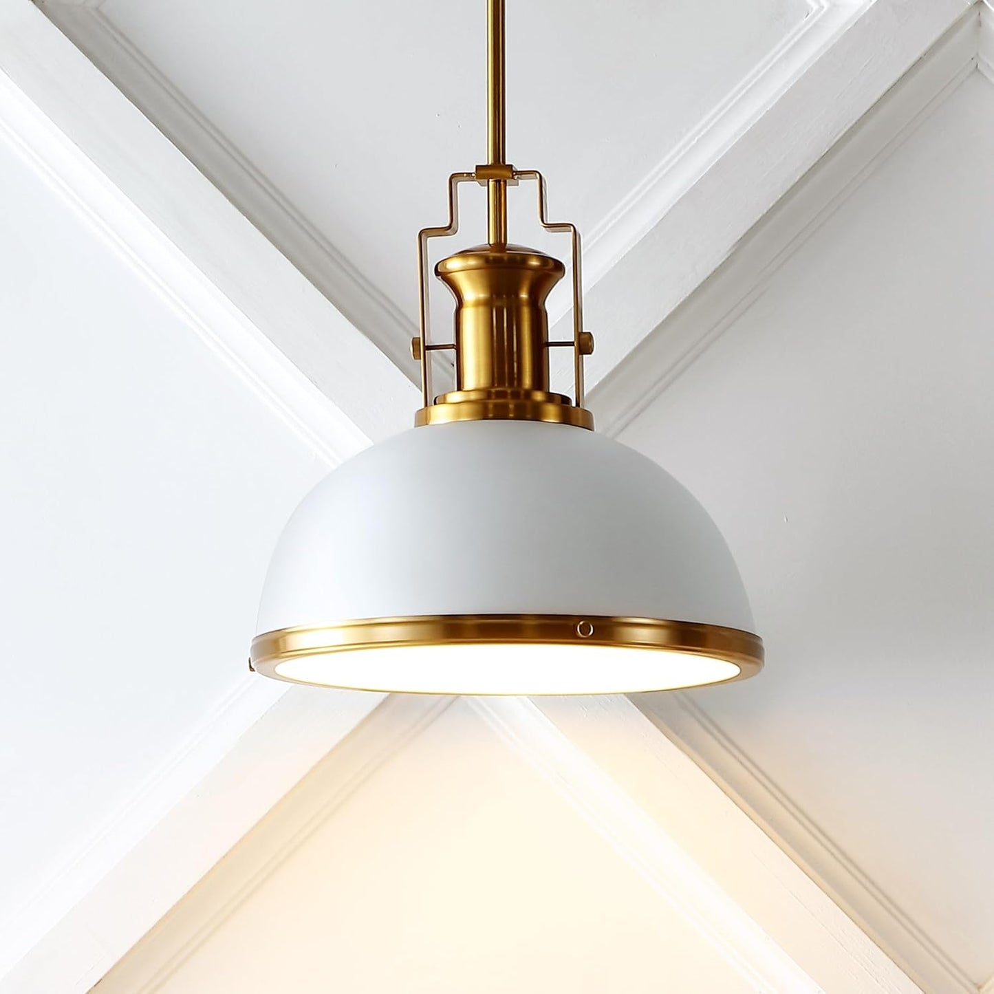 JONATHAN Y 13" Brass Gold/White Modern Industrial Iron LED Dome Pendant Light, Adjustable Hanging Fixture for Kitchen Island or Entryway, Black Metal Shade, LED Bulb Included (JYL9536D)