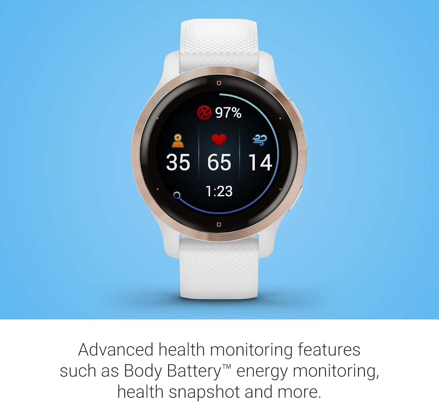 Garmin Venu 2S, Smaller-Sized GPS Smartwatch with Advanced Health Monitoring and Fitness Features, Rose Gold Bezel with White Case and Silicone Band, (010-02429-03)