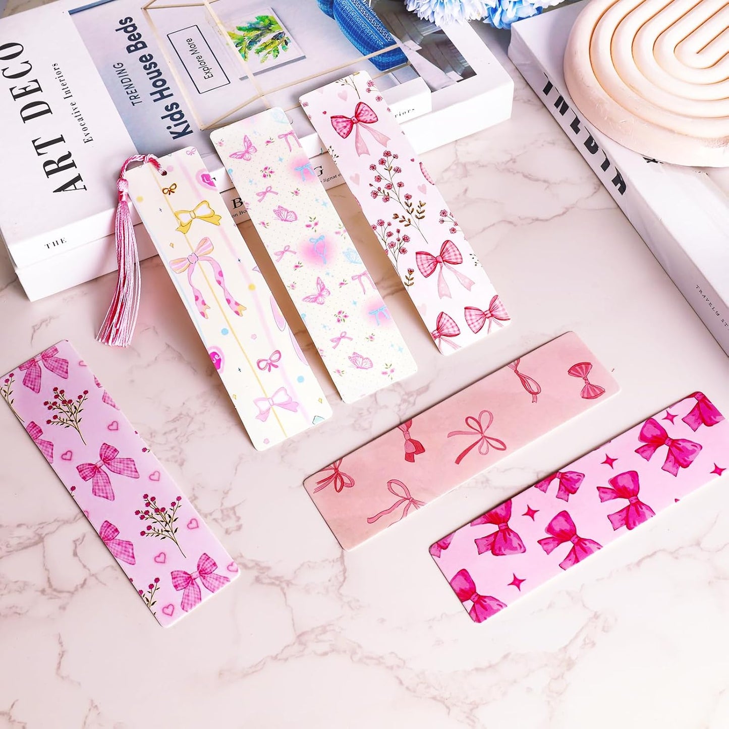 24Set Cute Bookmarks for Reading Women Aesthetic Girly Bookmarks Pretty Pink Bow Book Marks Bulk DIY Bookmark Bookish Page Markers Making Kit Coquette Reading Accessories Valentines Day Gifts
