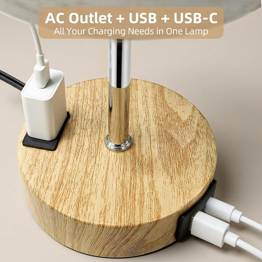 Table Lamp for Nightstand, High-Sensitivity Touch, 3-Level Dimmable Bedside Lamp with AC Outlet | USB | and USB-C, Ideal Night Stand Lamp for Bedroom, Reading, Living Room(Warm&Wooden)