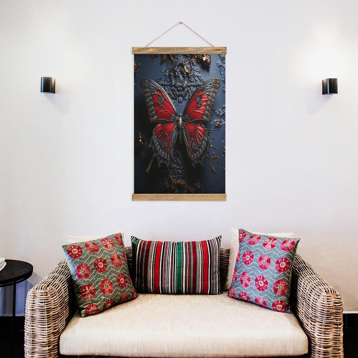 Vintage Red Butterfly Poster with Wooden Frame Personalized Linen Hanging Scroll Painting Rustic Wall Hanging Illustrative Modern Artwork Decor for Home Living Room Bedroom Office