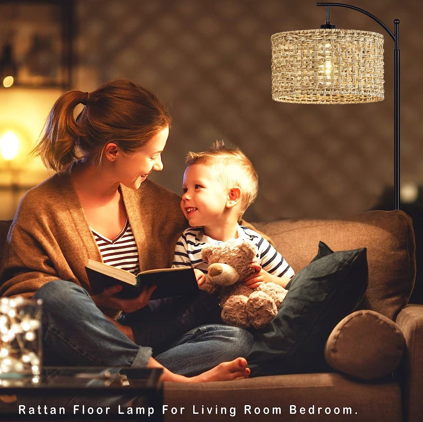 Arc Floor Lamp for Living Room with Remote Control,Farmhouse Boho Floor Lamps with 3 Color Temperature,Rustic Standing Lamp with Rattan Wicker Shades,Adjustable Tall Lamp for Bedroom,Office,Reading